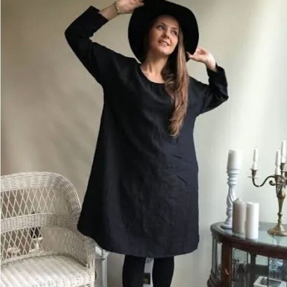 Eadie Lifestyle Medium Black Linen Long Sleeve Boho Dress - Picture 1 of 6